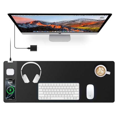 Magnetic Wireless Charging Mouse Pad, 27.5"x11.8" Gaming Desk Mat for Keyboard/Laptop, Non-Slip Base & 20W PD Adapter, Waterproof Smooth Desk Writing Pad for Gamer, Office & Home, Black - color: Black-27.5"x11.8"(with Wall Charger)