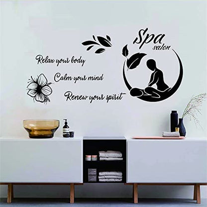 “Relax Your Mind, Body & Spirit” Wall Sticker 46"x23" – Removable PVC Decal for Spa, Sauna, Therapy Room or Beauty Salon – Uplifting Decor for Wellness Spaces (Black-JWH323-SPA)