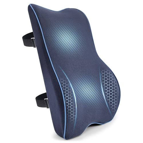 Soft Comfortable Memory Lumbar Support Pillow Back Cushion for Office Chair | Built-In Adjustable Straps Secure Reduce Back Soreness Pressure Distribution Breathable Premium Fabric Long-lasting Support - color: Navy Blue