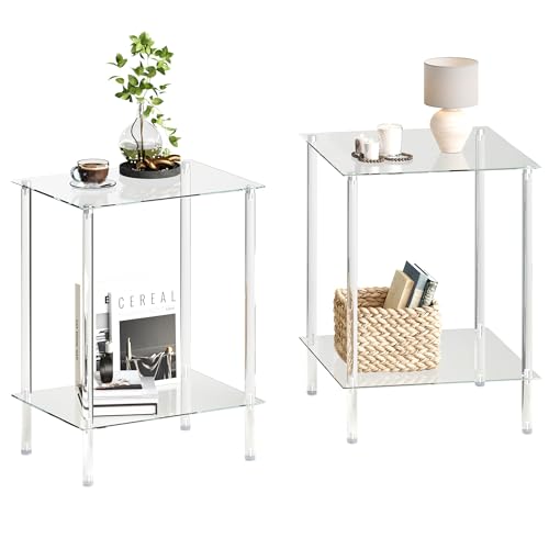 Tempered Glass Side Tables Set of 2 Acrylic End Table with 2 Storage Shelve transparent Bedside simplicity clear 2-Tier Nightstands small Spaces Office Bedroom Living Room Study Transparent ET-008TR - color: Transparent, size: 2 tier Normal