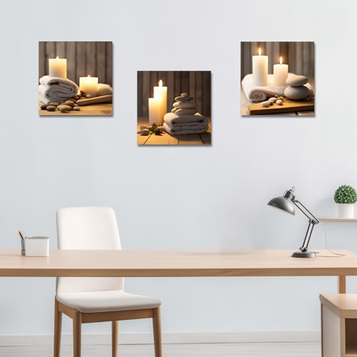 LZIMU Zen Canvas Wall Art 3 Panels Stone Candle and Bath Towel Picture Prints for SPA Meditation Room Bathroom Decor Framed (Zen-1, 20"x20"x3P) - size: 20"x20"x3P