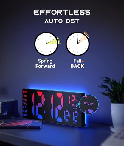 EASYERA 16.5" Large Digital Wall Clock with BT Sync, RGB Lights with 11 Scenes Mode Remote Control, Dual Alarms with Big LED Display, Auto DST, Temperature for Classroom Gaming - color: Black