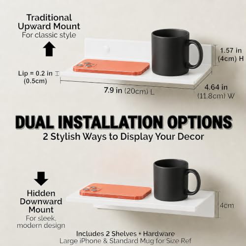 Z metnal Small Floating Shelves,Mini Display Shelf for Phone Ceiling, Slim Narrow Lack Wall Shelf, Aluminum, Wall Mounted, White, 8 inch, 2 Pack - color: White, size: 8 inch (2 Pack)