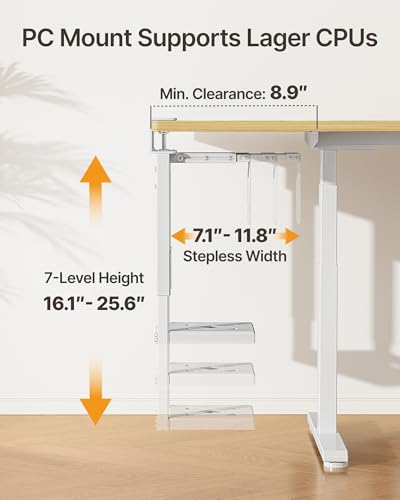 monTEK Under Desk PC Mount, Heavy Duty Adjustable PC Holder for Standing Desk & Home Office, Fits Most PC Cases 16.1”-25.6” (H), Space Saving CPU Mount, No-Drill Installation, 66 lbs, White - color: White