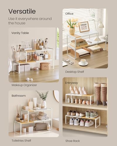 SONGMICS HOME Spice Racks, Expandable Cupboard Shelf Orgnizers, Kitchen Counter Shelves, Bamboo and Metal, Space-Saving Shelving, Stackable, Light Bamboo and Cream White UKCS051N01 - color: Light Bamboo + Cream White, size: 2 Pack