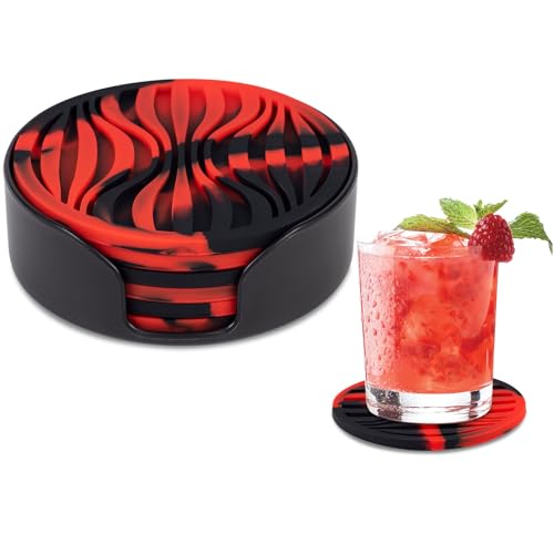 6 Pack Drink Coasters with Holder Non-Slip Rubber Coaster Silicone Cups Mat | Coasters for Drinks Black Red Outdoor Plastic Coasters Set Hot or Cold Drink Fits Any Size Cups Table Rubber Glass Coaster - color: Black Red-plastic Holder