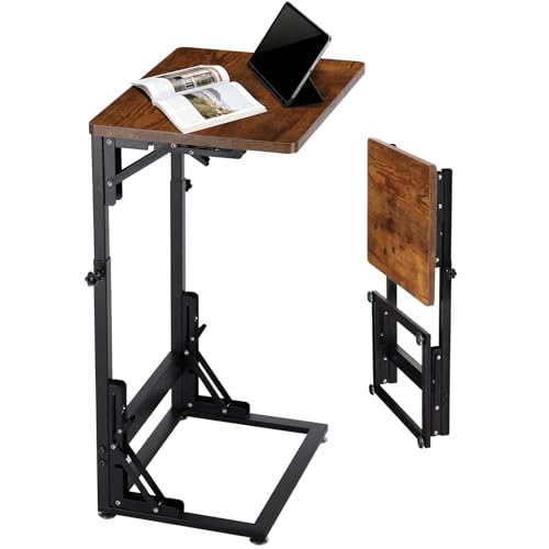 Folding Side Table, Adjustable C-Shaped End Table for Couch, Metal Frame TV Tray Table for Sofa Living Bedroom Bedside Coffee Small Spaces (Brown, 15.8" L x 11.8" W) - size: 15.8"L x 11.8"W