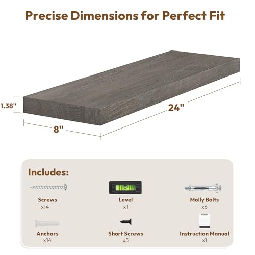 Vivelove Flat Edge Elm Wood Floating Shelf with Invisible Bracket 24”Grey - color: Grey, size: 24”,set of 2