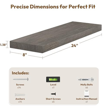 Vivelove Flat Edge Elm Wood Floating Shelf with Invisible Bracket 24”Grey - color: Grey, size: 24”,set of 2