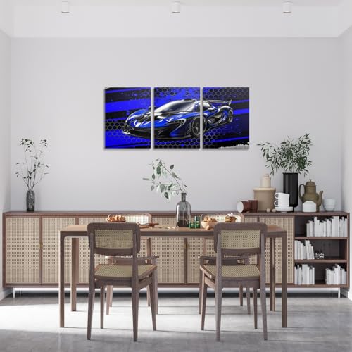Feelyou Kids Boys Race Car 3 Piece Canvas Wall Art for Living Room Teens Racing Car Wall Decor for Bedroom Office Blue Cool Speed Sports Car Ready to Hang Pictures Home Decor 3 Pieces 12x16 Inch - color: Deep Black and Blue