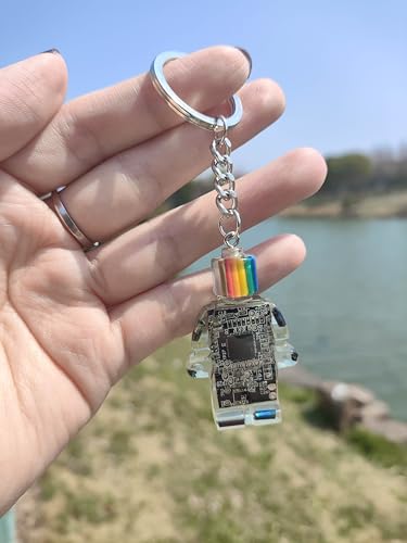 Upcycled Circuit Board Robot Keychain, Handmade Real PCB Resin Charm, Unique Cyberpunk Gift for IT - color: Black