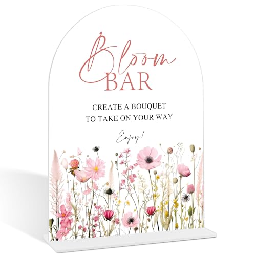 Pink Flower Bloom Bar Sign, Flower Bar Supplies, Bridal Shower Decor, Wedding Reception Decorations, Bridal Shower Centerpieces for Tables, Engagement Decor, Arch Acrylic Wedding Sign With Base-1 - color: Bloom Bar01