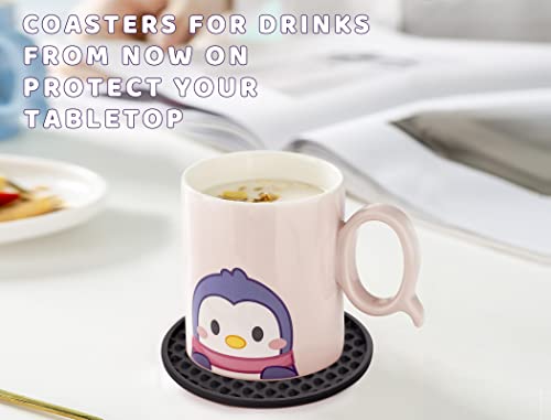 Coasters for Drinks 6 Pcs Drink Plastic Coaster with Holder,Heat Resistant Silicone Cup Mat Tabletop Protection,Non-Slip Rubber Coasters for Kinds of Cups (Black) - color: Black-plastic Holder