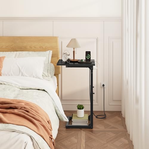 Vagusicc C Shaped End Table with Charging Station, 33"Tall C-Table End Table Adjustable Height Side Table for Couch, Couch Table That Slide Under Sofa Table TV Tray Table for Living Room,Bedroom,Black - color: Black, style: Charging Station