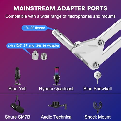 White Microphone-Floor-Stand for Blue Yeti, Nano, Snowball, Solocast,Razer,Logitech USB and XLR Mic,Adjustable Mic Boom Arm Stand with 1/4'' Thread and 3/8" 5/8" Adapter, Mic Clip, Cable Ties