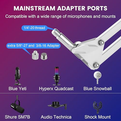 White Microphone-Floor-Stand for Blue Yeti, Nano, Snowball, Solocast,Razer,Logitech USB and XLR Mic,Adjustable Mic Boom Arm Stand with 1/4'' Thread and 3/8" 5/8" Adapter, Mic Clip, Cable Ties