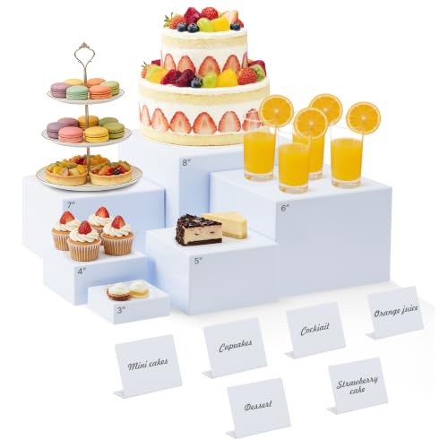 Nestable Buffet Risers - 6 Pcs White Acrylic Food Risers with Signs & Markers – Sturdy Dessert Table Display Stands for Parties, Catering, Jewelry & Collectibles (Easy-Store Stackable Cubes: 8", 7", 6", 5", 4", 3") - size: 8",7",6",5",4",3"