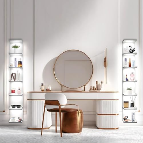 7 Tier Wall Shelves with Led Light, Lack Wall Shelf Unit, Vertical Shelf with Remonte Control,White Shelves - color: 7 Tier White