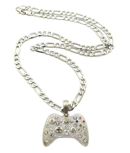 New Iced Out Game Controller Pendant 5mm/24" Figaro Chain Hip Hop Necklace MSP379 - color: Silver