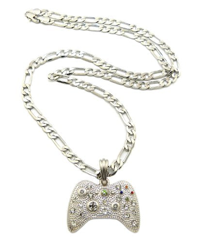 New Iced Out Game Controller Pendant 5mm/24" Figaro Chain Hip Hop Necklace MSP379 - color: Silver