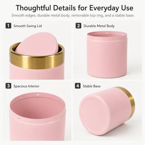 Pink Mini Countertop Trash Can with Lid – Metal Tiny Makeup Vanity Swing-Top Waste Bin, 1.5 L / 0.40 Gal - color: Pink