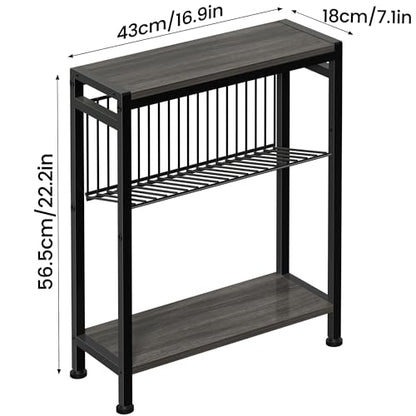 End Table Set of 2 for Small Space, 3-Tier Narrow Side Table with Magazine Holder,Slim Nightstand, Skinny Snack Couch Table in Living Room, Bedroom Study and Balcony (Grey) - color: Grey-2pcs