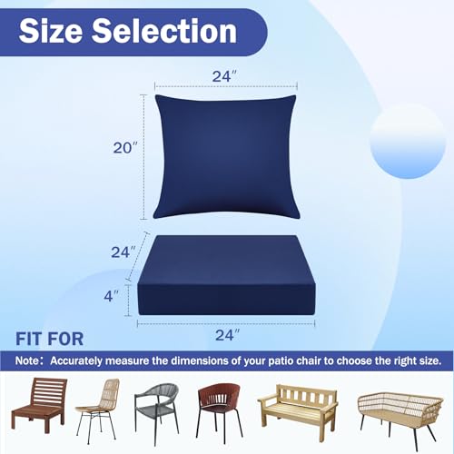IASEAHK Outdoor Seat Cushion Set, Waterproof & Fade Resistant Patio Chair Cushions, Outdoors Cushion for Patio Furniture, 24 x 24 x 4 Inch, Outdoor Couch Cushions with Handle and Ties, Navy Blue - color: Navy Blue, size: 24*24+4/24*20