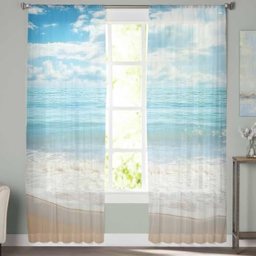 Ocean Beach Theme Sheer Curtains 84 Inch Length 2 Panels Set for Living Room/Bedroom, Tropical Sea Sky View Beach House Theme Semi Curtain Sheers Drapes Rod Pocket Curtains Window Treatment Set - color: Beach, size: 52"W x 84"L (Pack of 2)