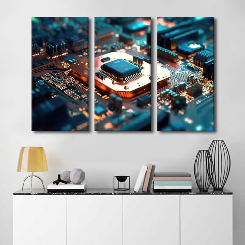 3 Panels Circuit Board Wall Art CPU Wall Art for Living Room Digital Modern Electronic Bedroom Wall Decor Posters and Prints Canvas Paintings Stretched and Framed Ready to Hang (60"Wx40"H - color: Artwork-07, size: 60"Wx40"H