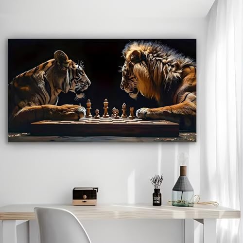 Tiger Lion Chess Match Rustic Canvas Wall Art - 12x24in Unframed Poster- Home & Office Decor for Living Room, Bedroom, Kitchen & Cafe - color: Tiger Lion