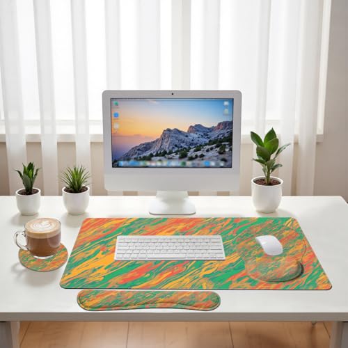 Abstract Desk Mat Set Retro Color Swirl Large Mouse Pad with Wrist Rest 4in1 Desk Mat for Desktop Ergonomic Keyboard Wrist Support Anti-Slip Computer Ergonomic Mouse Pad Home Office Gaming - color: Abstract