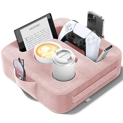 Couch Cup Holder Pillow, Sofa and Bed Caddy for iPad, Kindle, Switch, Game Controller, Remotes, Phones, Small-Sized Cup & Drink Holder for Couch, Bed, Desk, Car, Beach, Bathroom Cup Holder, Pink - color: Pink, size: S-12"×12"×3.2"