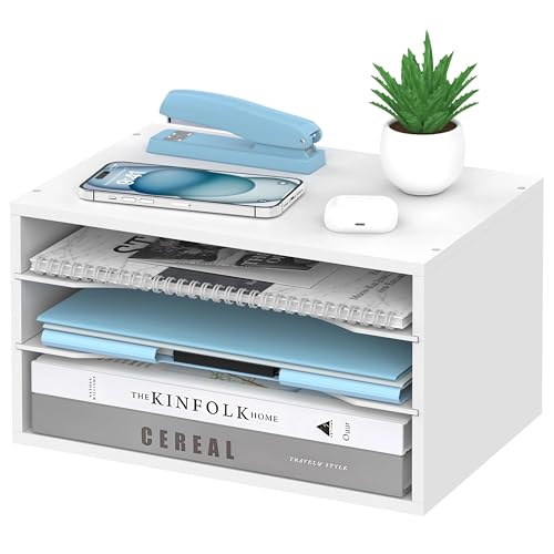 Wood Desk Organizer, 3 Tier Paper Tray Organizer for Desk with Adjustable Storage Shelves, Desktop File Organization Paper Sorter Mail Holder for Office Home Classroom, White - color: White, size: 3 Tier