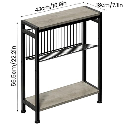 Small Side Table for Small Space, 3-Tier Narrow End Table with Magazine Holder, Slim Nightstand, Skinny Snack Couch Table in Living Room, Bedroom, Study, Kitchen and Balcony (Greige) - color: Greige