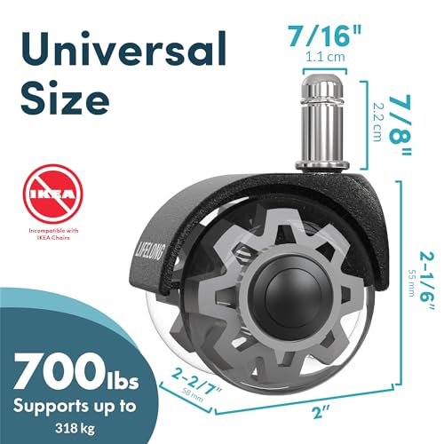 Lifelong Office Chair Wheels Replacement Rubber Chair Casters for Hardwood Floors and Carpet, Set of 5, Heavy Duty Casters for Chairs to Replace Office Chair Mats - 2 Inch Universal Fits 98% - color: Grey, size: 2 Inch