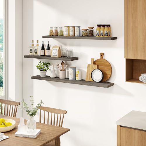 Vivelove Flat Edge Elm Wood Floating Shelf with Invisible Bracket 24”Grey - color: Grey, size: 24”,set of 2