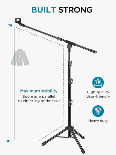 InnoGear Microphone Stand, Tripod Boom Arm Floor Mic Stand Height Adjustable Heavy Duty with Carrying Bag 2 Mic Clips 3/8" to 5/8" Adapter for Singing Podcast for Blue Yeti Shure SM58 SM48 Samson Q2U