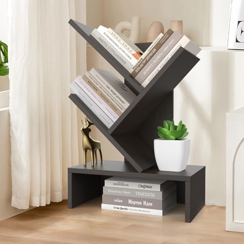 Godferyxin Small Bookshelf with Drawer for Desk,Compact Wood Book Organizer for Home Office, Bedroom, or School, 4-Tier Mini Bookcase with Storage for Decor - color: 4-tier-black Coffee