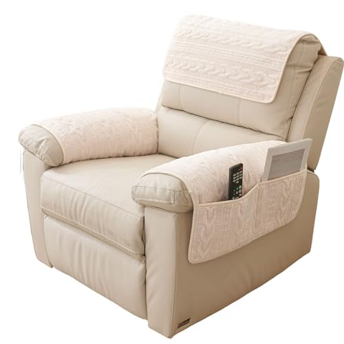 vctops 4 Pieces Velvet Plush Recliner Armrest Cover Headrest Cover with Pockets Soft Fuzzy Non Slip 2 Armchair Slipcovers and 2 Headrest Protector for Recliner Leather Sofa Couch(Beige,2 Seat) - color: Beige, size: 2 Persons Set of 4