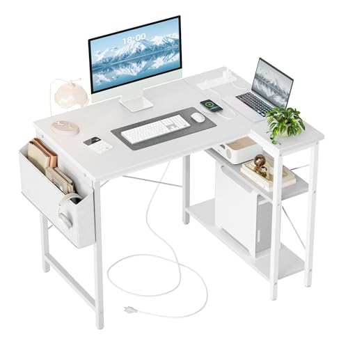 TIQLAB Small Computer Desk with Power Outlets, 40 Inch L Shaped Desk with Reversible Shelves, Gaming Desk Corner Desk Study Writing Desk for Home Office Bedroom Small Space, White - color: White, size: 40 Inch