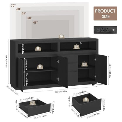 FACBOTALL 63" Modern TV Stand, Large Entertainment Center with Storage Cabinets & Drawers, Media Console Cabinet up to 70 Inch with LED Lights & Power Outlet, TV Consoles for Living Room, Black - color: Black