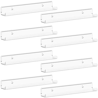 Lifewit Narrow Floating Shelves for Vinyl Record 8 Pack, 12" Clear Wall Shelves for Nail Polish/Book/Picture/Makeup, Acrylic Wall Display Shelf Organizer for Bedroom, Living Room, Bathroom Decor