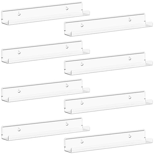 Lifewit Narrow Floating Shelves for Vinyl Record 8 Pack, 12" Clear Wall Shelves for Nail Polish/Book/Picture/Makeup, Acrylic Wall Display Shelf Organizer for Bedroom, Living Room, Bathroom Decor