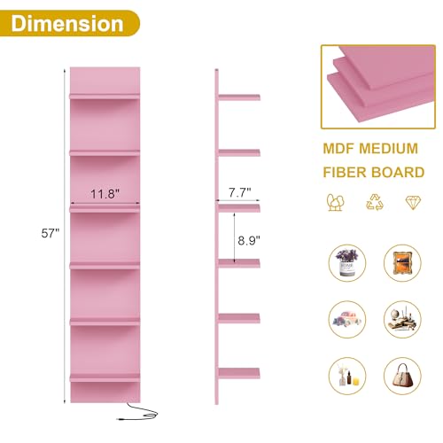 Qupui 6-Tier Wall Shelf with RGB LED Lights, 57" Tall Floating Storage Organizer for Bedroom Living Room Game Room - Pink Wall Mounted Shelves with 22 Lighting Modes - color: Pink