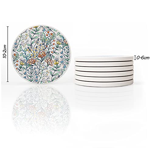 AD Set of 6 Coasters for Drinks Absorbing Round Ceramic Stone Coaster with Cork Base,Tabletop Protection Mat for Mugs and Cups,Office,Kitchen (Bontanicals with Holder) - style: Bontanicals with Holder