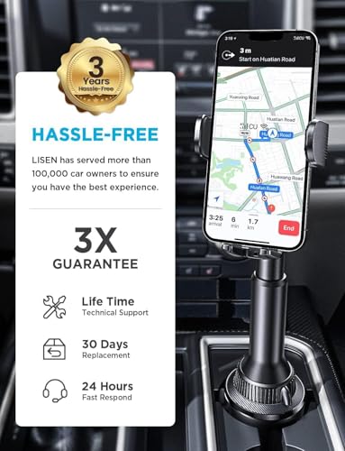 LISEN Cup Holder Phone Holder [No Shaking] Phone Holder for Car, 360° Adjustable iPhone Holder Car Accessories for Women Truck Jeep Golf for iPhone 17 Pro Max 16 15 14 Samsung S25 All 4-7'' Phone