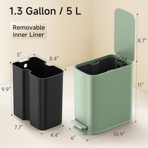 TIPGO Small Bathroom Trash Can with Lid Soft Close, Step Pedal, 1.3 Gallon / 5 Liter Stainless Steel Slim Garbage Can for Office, Diaper Waste Basket with Removable Inner Bucket (Green) - color: Green