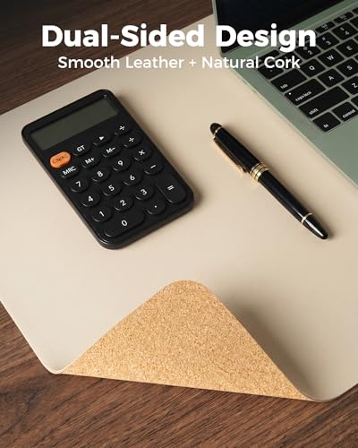 Aothia Dual-Sided Desk Mat - Leather & Cork Desk Protector, Large Mouse Pad & Writing Pad for Office/Home, Waterproof, Beige (35.4" x 15.7") - color: Beige+cork, size: 35.4" x 15.7"