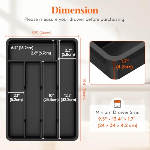 Lifewit Silverware Drawer Organizer Tray, Plastic Cutlery Storage for Kitchen, Flatware and Utensil Holder Divider for Spoons Forks Knives Tableware, 9.5 x 13.4", 5 Slots, Black - color: Black, size: 9.5 x 13.4 inch (5 Slots)