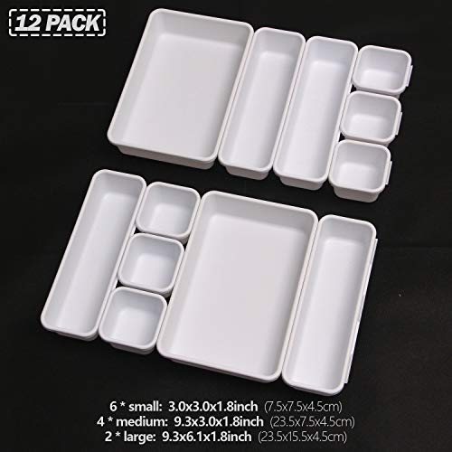 Set of 12 Interlocking Desk Drawer Organizer Tray Dividers Plastic Shallow Narrow Drawers Organizers Separators Storage Bins Container for Kitchen Bathroom Makeup Office Vanity Bedroom Dresser White - color: White
